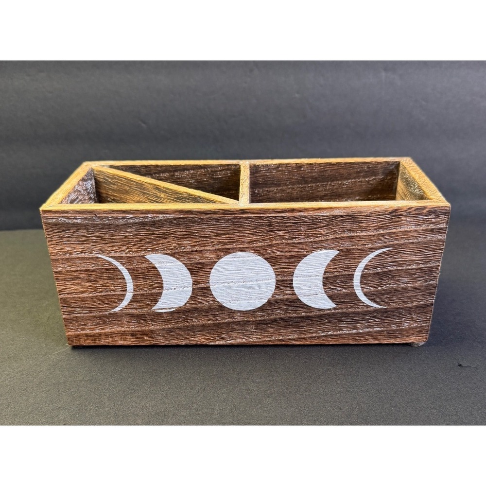 Basketville Wood Moon Phase Desk Organizer Brown Celestial Office Caddy Storage